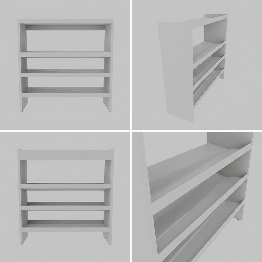 A four-panel grid showing the white RAKABOT Titan 4-tier shoe rack from different angles, including front, three-quarter side, back, and a close-up view of the angled shelves, against a neutral grey background.