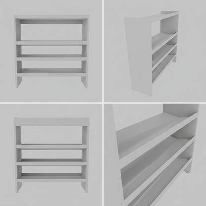 A four-panel grid showing the white RAKABOT Titan 4-tier shoe rack from different angles, including front, three-quarter side, back, and a close-up view of the angled shelves, against a neutral grey background.