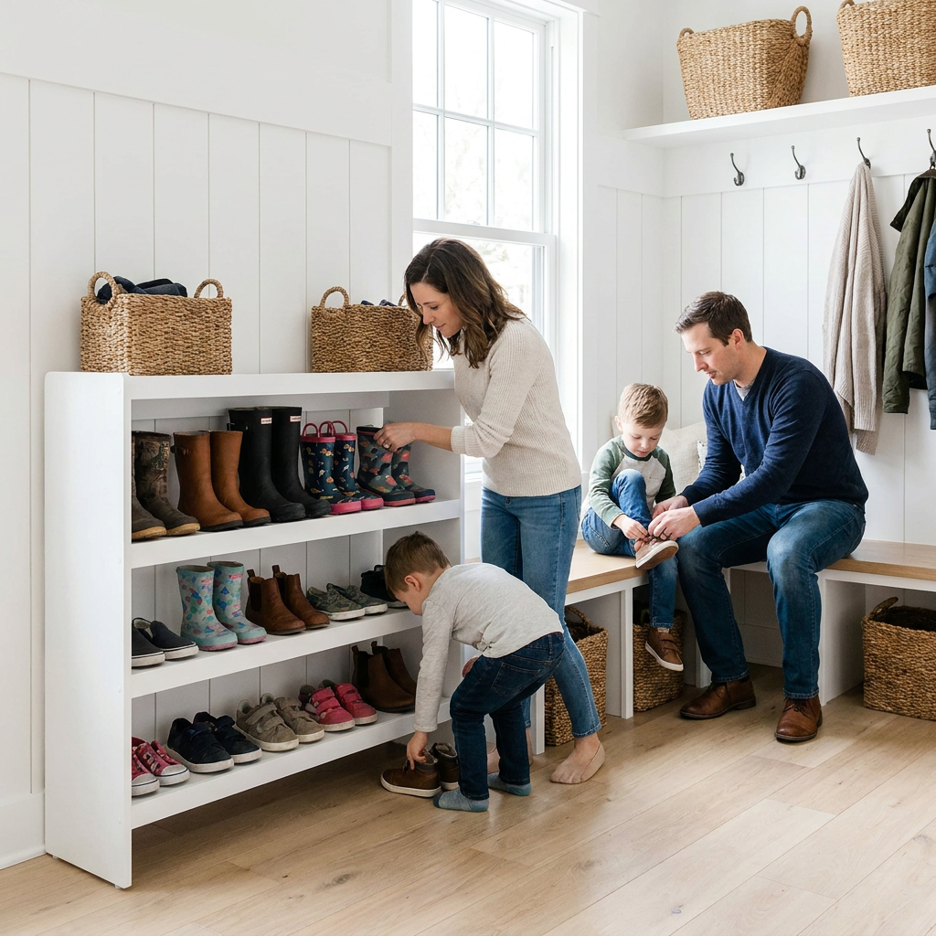 A family is shown using the RAKABOT Titan 4 TIER Panels White boot rack in a bright, modern mudroom.