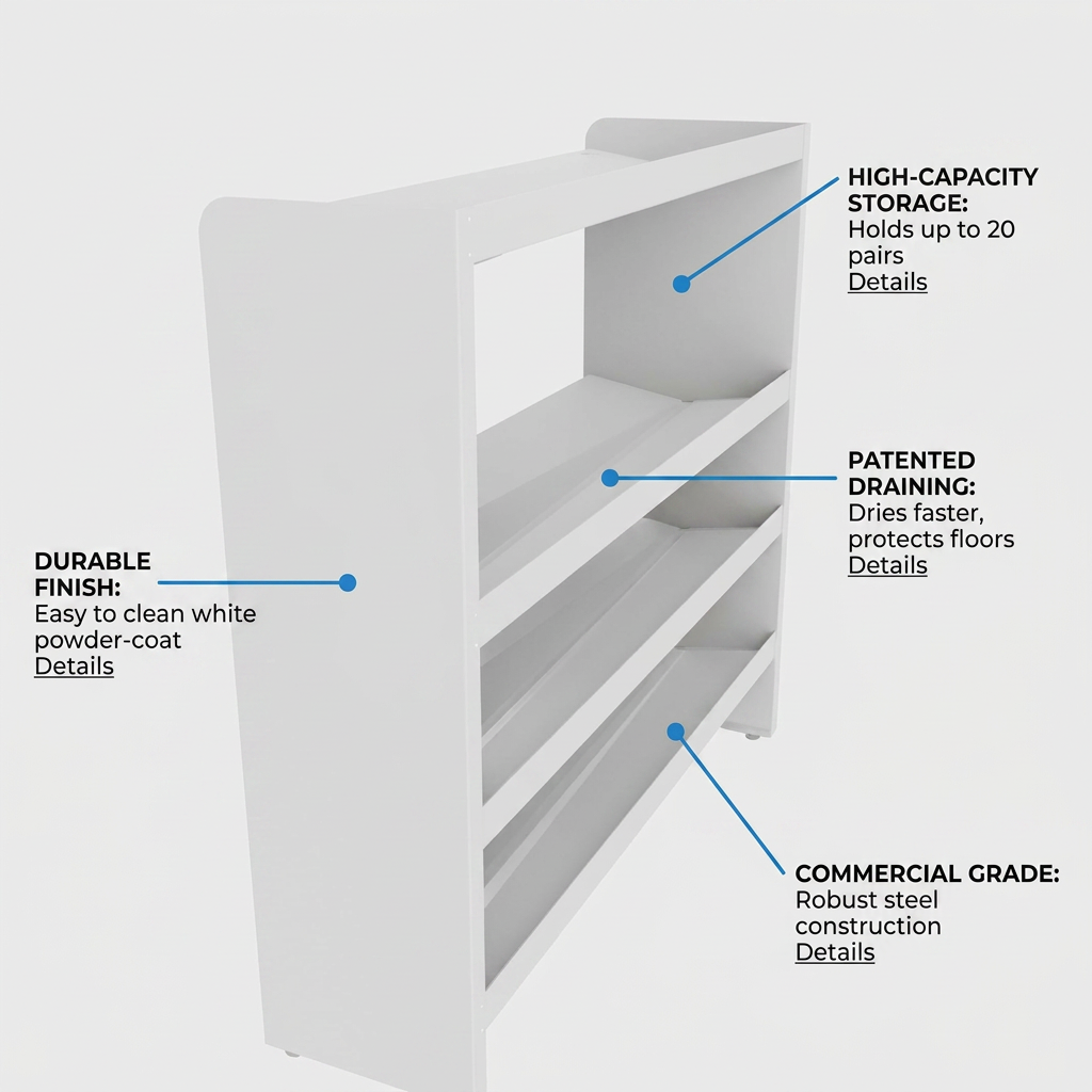 Polished ecommerce feature graphic for the RAKABOT Titan 4-Tier Boot Rack, highlighting high-capacity storage, patented draining, durable finish, and commercial-grade construction with clean pointer lines.