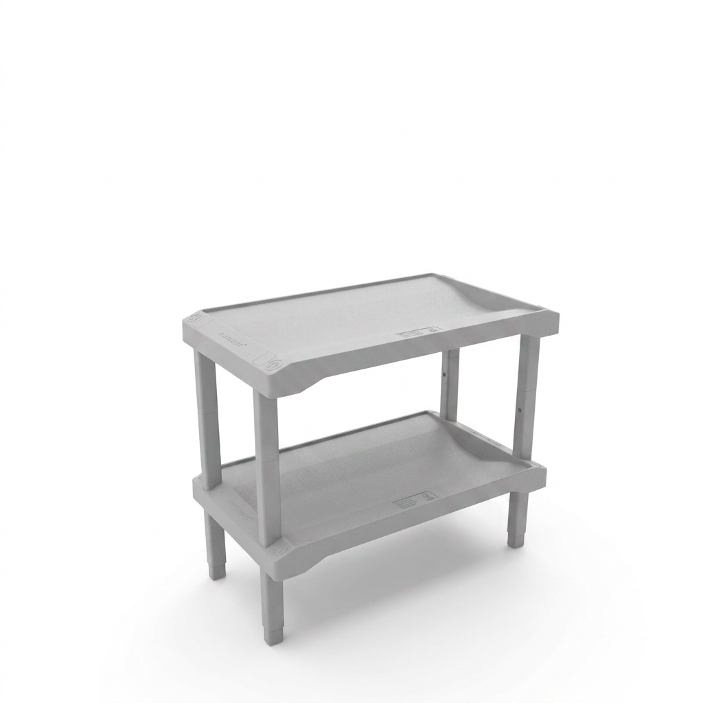 Rakabot Plastico 2-tier light grey plastic shoe rack, centered on a pure white background.