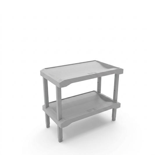 Rakabot Plastico 2-tier light grey plastic shoe rack, centered on a pure white background.