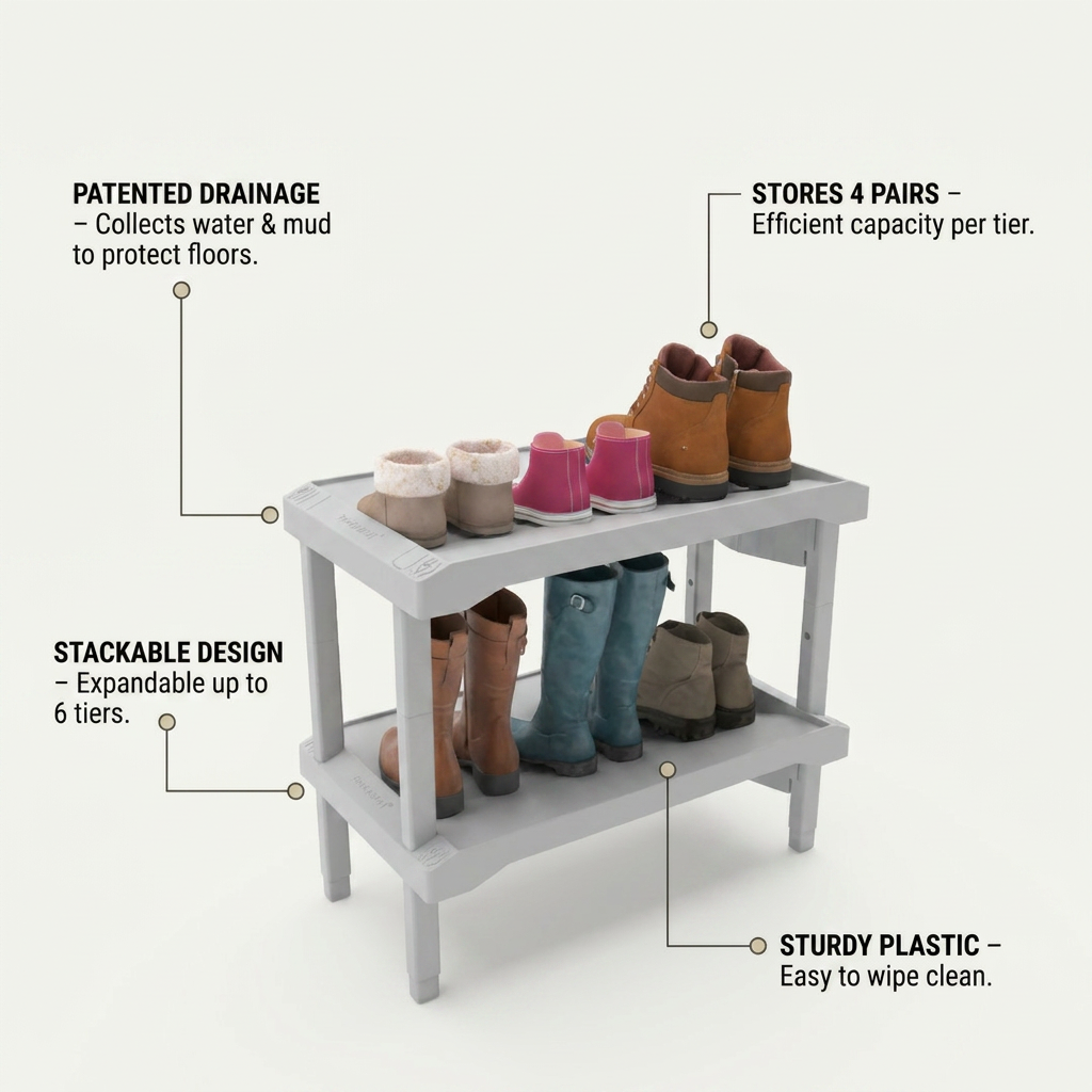 RAKABOT Plastico 2-tier boot rack feature graphic with labels highlighting patented drainage to protect floors, 4-pair capacity per tier, stackability up to 6 tiers, and sturdy plastic that is easy to clean.