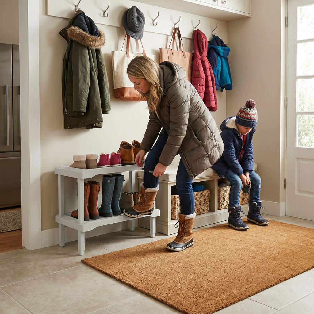 A mother and son are entering a mudroom, using the 2-tier grey Rakabot shoe rack from the image. The rack is filled with the specified boots. The scene is warm and naturally lit, showing people actively using the product in a home environment.