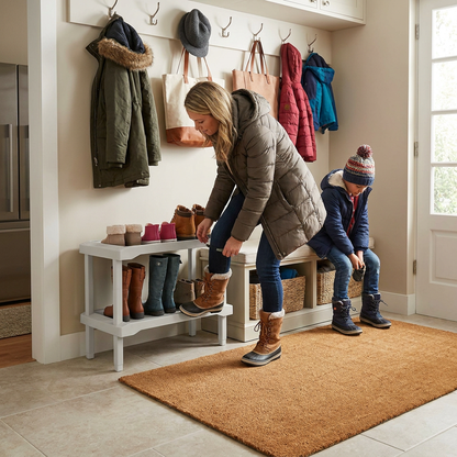 A mother and son are entering a mudroom, using the 2-tier grey Rakabot shoe rack from the image. The rack is filled with the specified boots. The scene is warm and naturally lit, showing people actively using the product in a home environment.