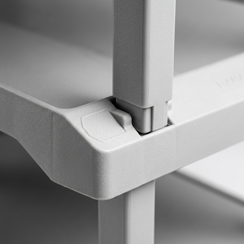 A close-up photograph of the interlocking stackable connector on the light grey plastic RAKABOT Plastico shoe rack.