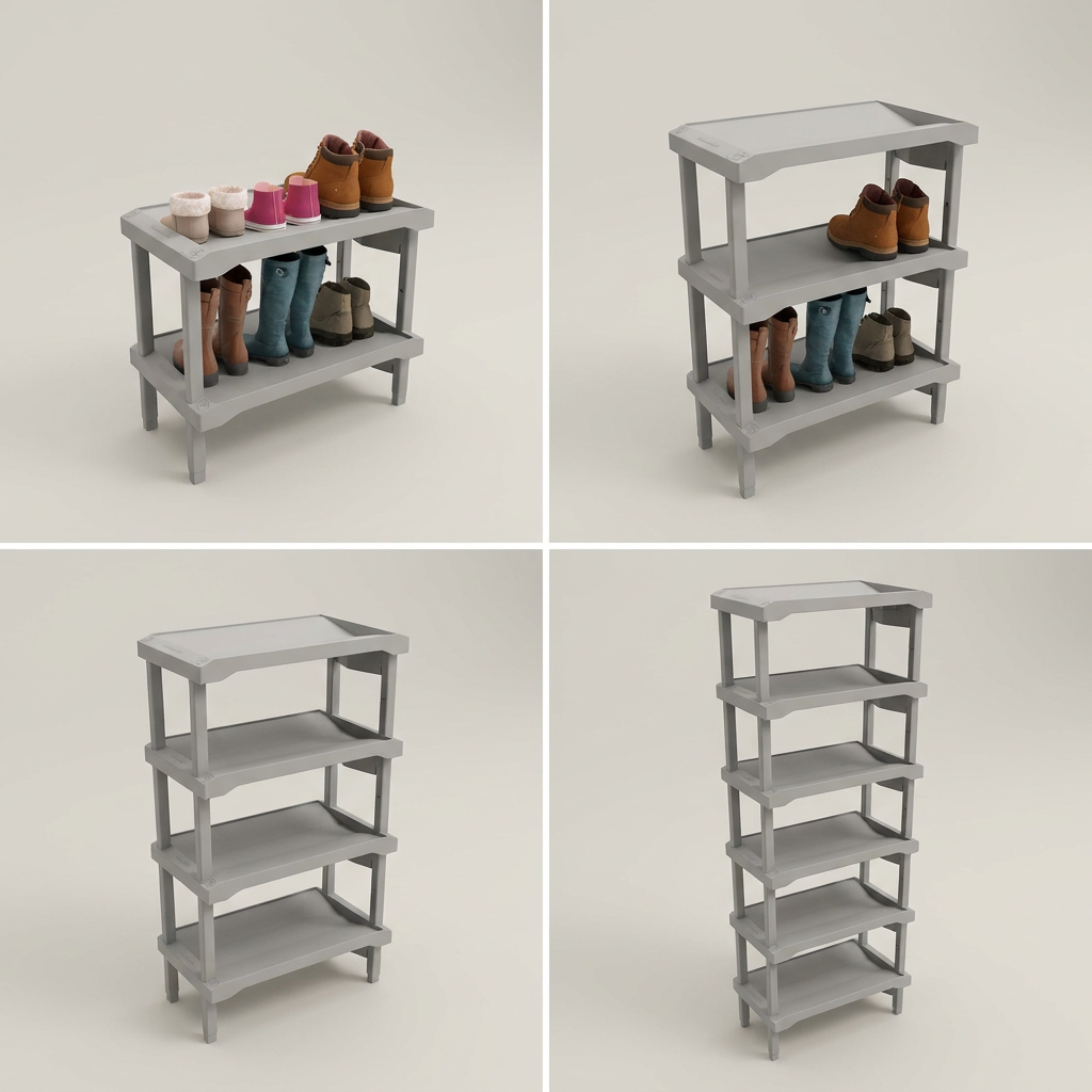 Four-panel grid showing the light grey Rakabot boot rack stacked in 2-tier, 3-tier, 4-tier, and 6-tier configurations.