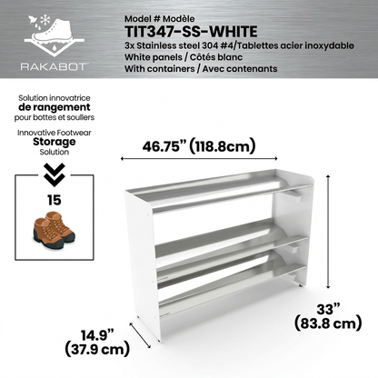 RAKABOT Titan (TIT347-SS-WHITE) three-tier commercial rustproof shoe and boot rack with stainless steel shelves and white panels, centered on a white background.