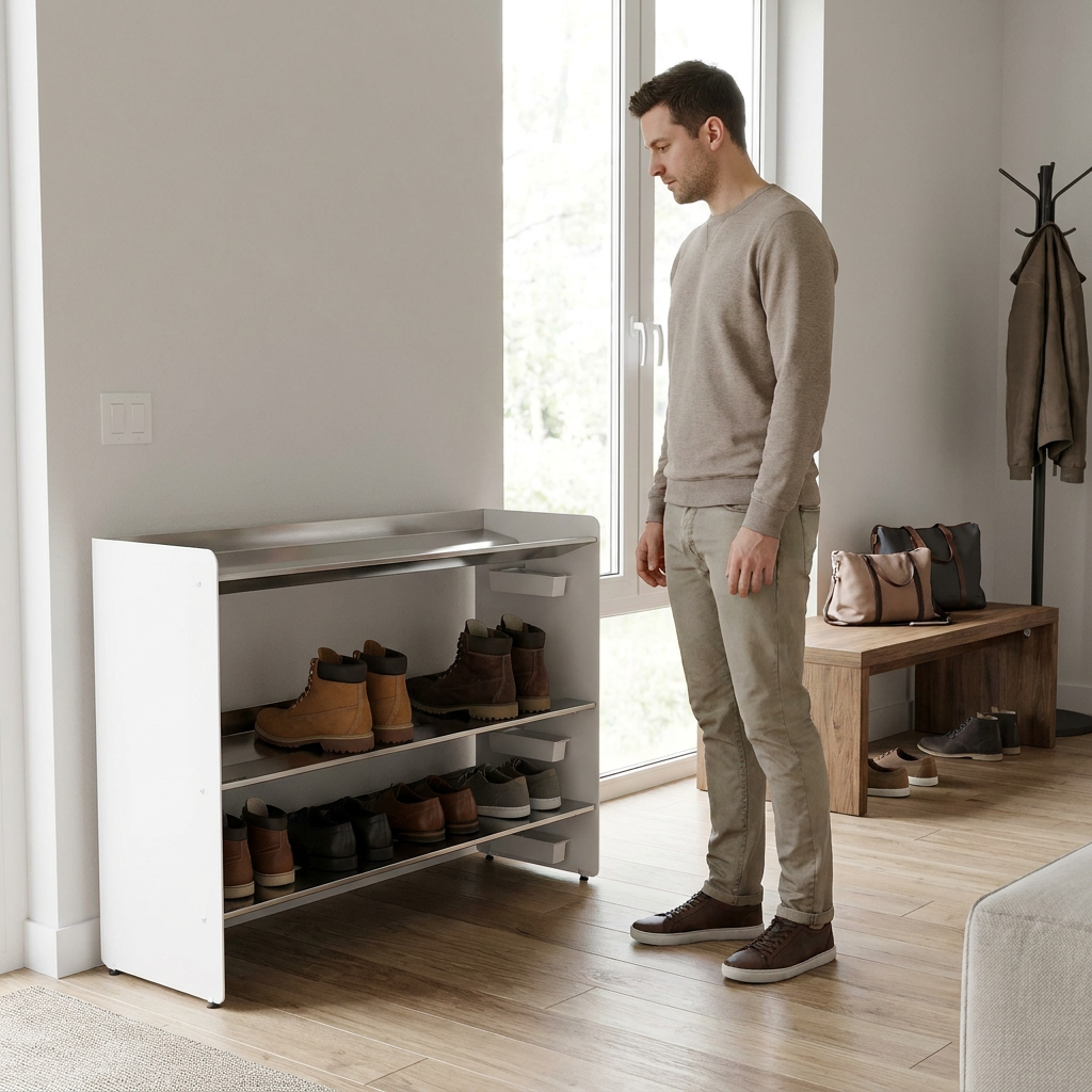 A man stands next to the Rakabot Titan 3-tier stainless steel and white shoe rack, showing its size.