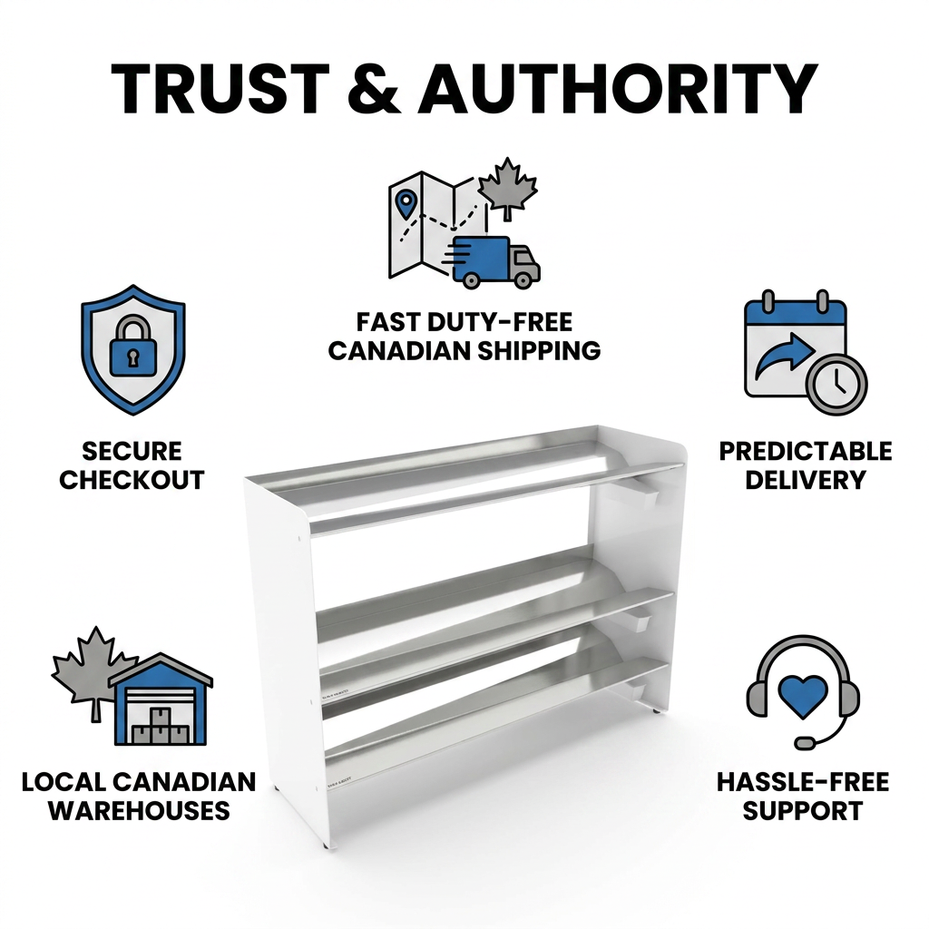 A clean, brand-aligned ecommerce infographic on a white background, featuring the RAKABOT Titan boot rack. Surrounding the product are five blue and black icons with text: a secure checkout shield, a fast duty-free Canadian shipping truck and map, a local Canadian warehouse, a predictable delivery calendar, and hassle-free support headphones. The title "TRUST & AUTHORITY" is at the top.