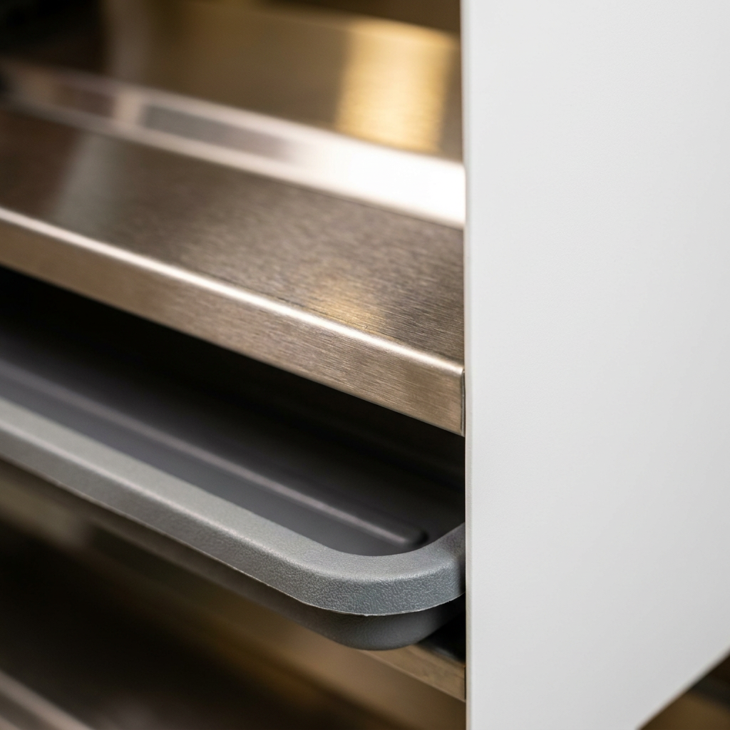 A detailed close-up view showing the brushed stainless steel shelf, matte white panel, and a grey plastic boot tray of the RAKABOT shoe rack.