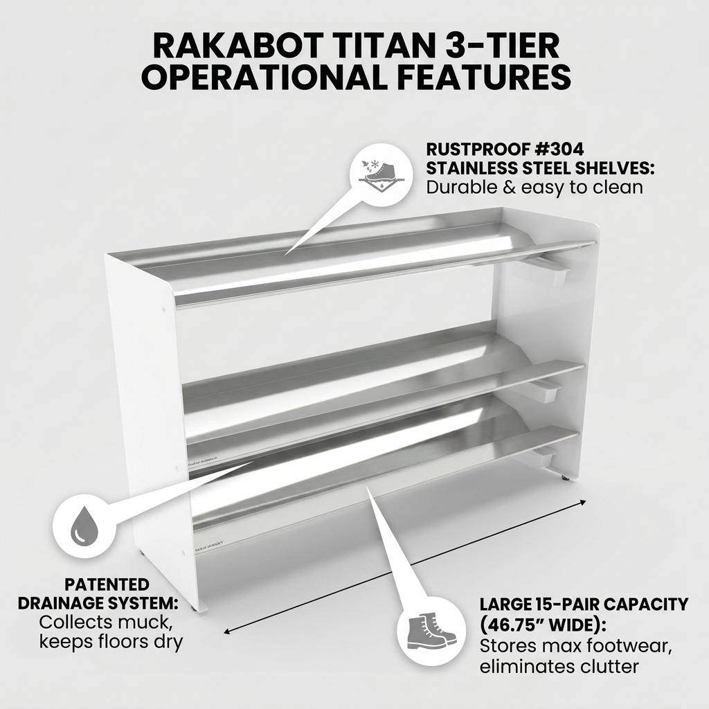 RAKABOT TITAN 3-Tier shoe rack feature callout graphic. Clean pointer lines highlight the rustproof stainless steel shelves which are durable and easy to clean, the large 15-pair capacity that stores maximum footwear and eliminates clutter, and the patented drainage system that collects muck and keeps floors dry.