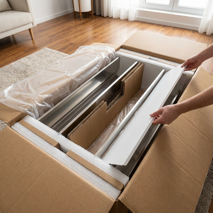 A person hands are shown carefully unboxing the Rakabot Titan 3-tier shoe rack, revealing its stainless steel and white shelves securely packed in extensive foam and cardboard protection within a large shipping box.