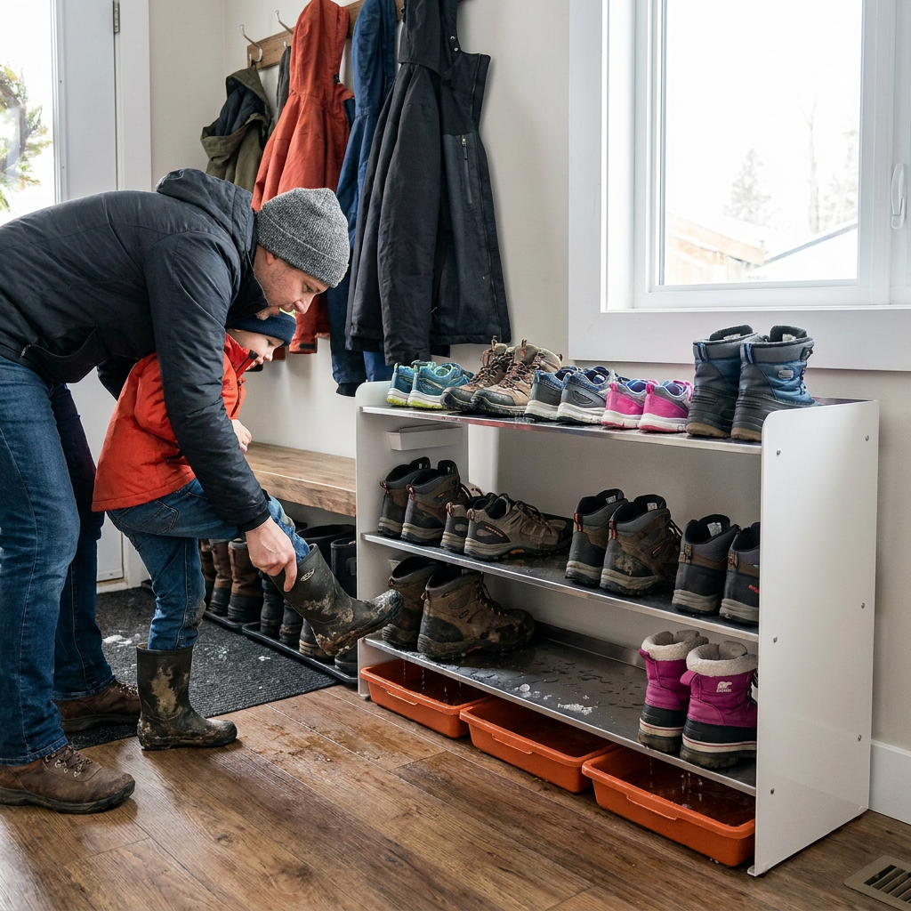 A father is assisting his young son with a muddy boot while it is being placed onto the stainless steel shelves of the 3-tier Rakabot Titan shoe rack. The rack is fully loaded with various dirty boots and water is collecting in the visible orange trays below.