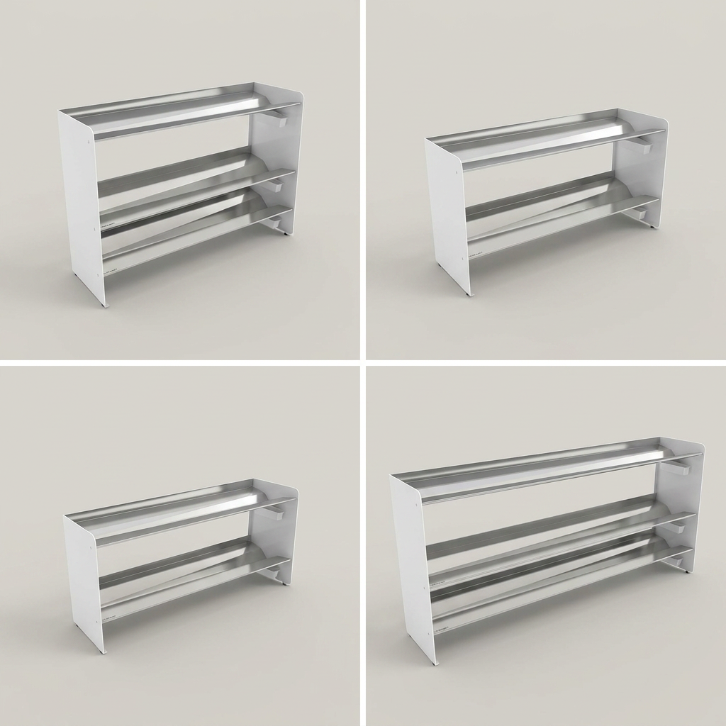 A four-panel grid showing different size configurations of the white and stainless steel RAKABOT shoe rack, presented on a neutral light grey background without any text or logos.