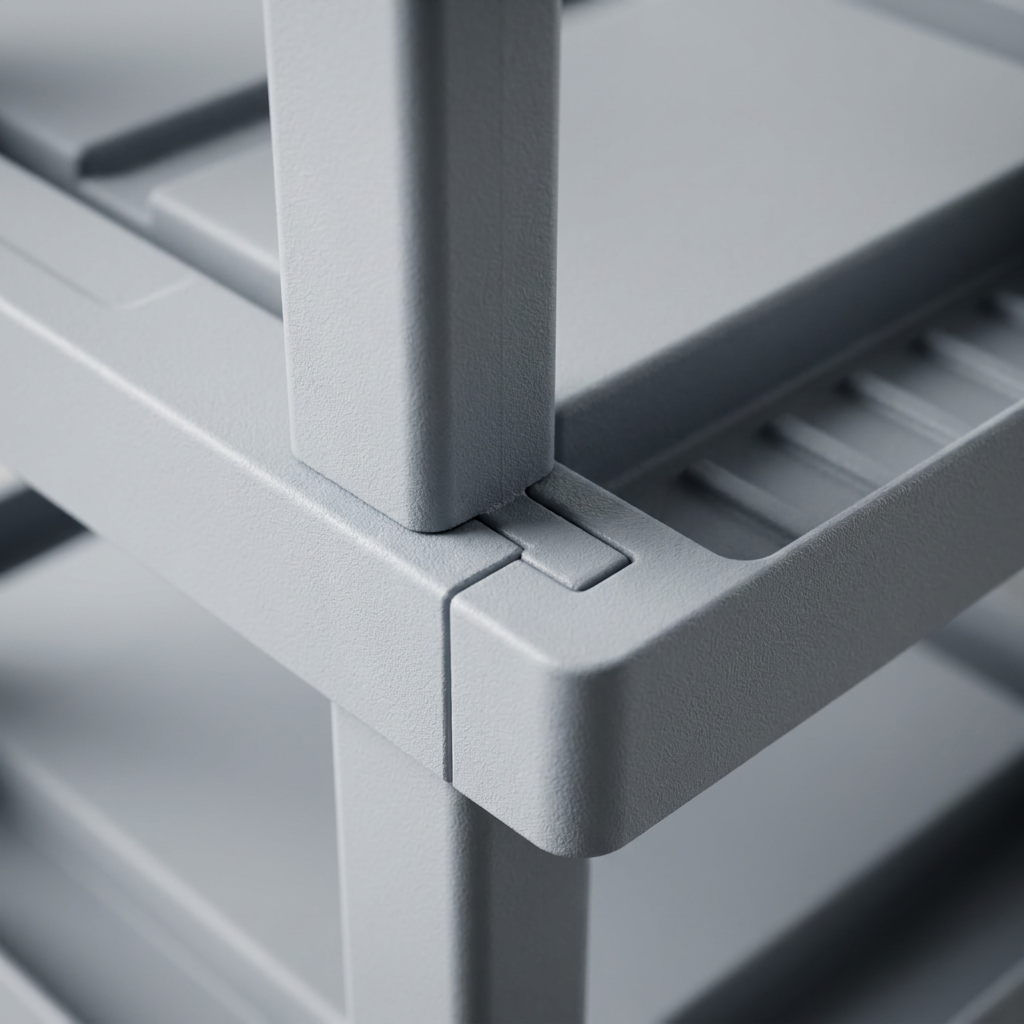 Macro close-up of the durable grey plastic interlocking connector on the RAKABOT LOCKER boot rack.