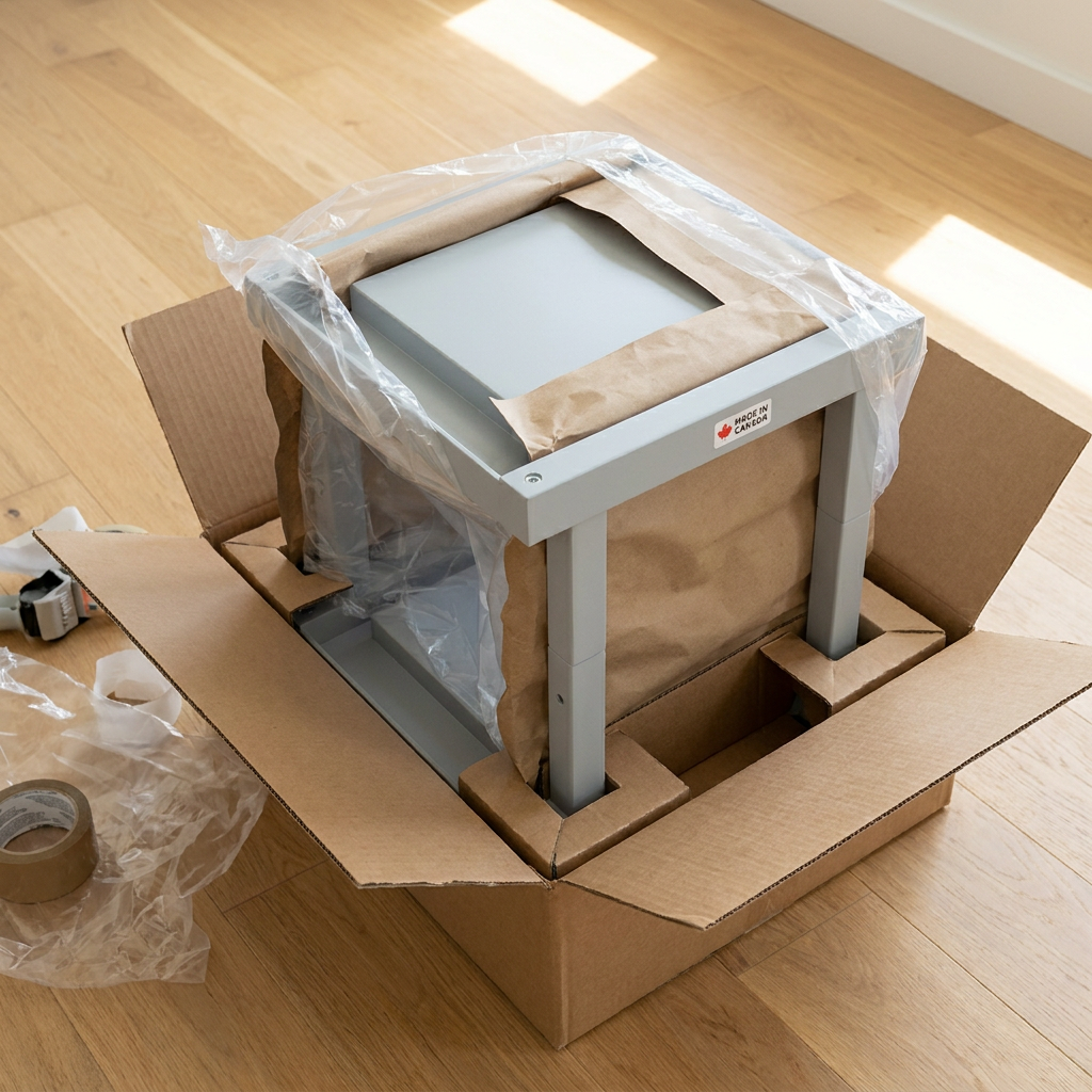 A Rakabot shoe rack is shown partially unboxed from its protective shipping materials, including plastic and paper, on a wooden floor.
