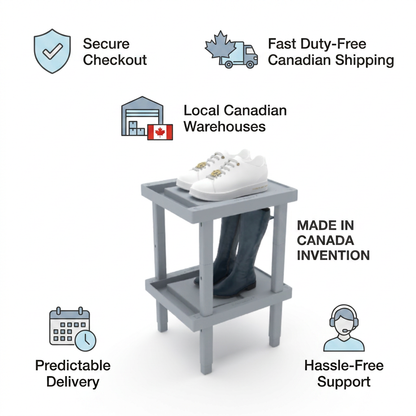 A trust and authority infographic featuring the Rakabot LOCKER 2 tier rack from the reference image with shoes and boots. Surrounding the product are icons and text for Secure Checkout, Fast Duty-Free Canadian Shipping, Local Canadian Warehouses, Predictable Delivery, and Hassle-Free Support. A "Made in Canada Invention" label is also present. The overall aesthetic is clean and brand-aligned.