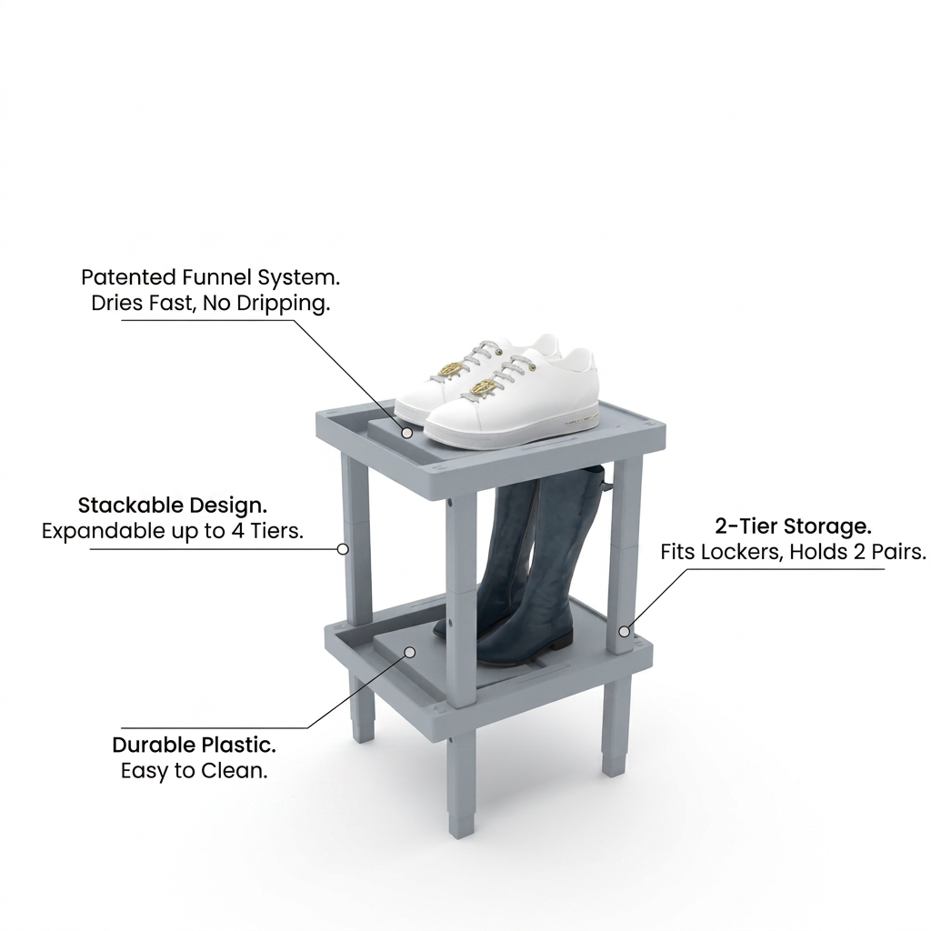 RAKABOT two-tier locker shoe rack with operational feature callouts. Labels highlight the patented funnel system for fast drying, stackable design for expansion, durable easy-to-clean plastic, and its capacity to hold two pairs of shoes, fitting inside lockers.