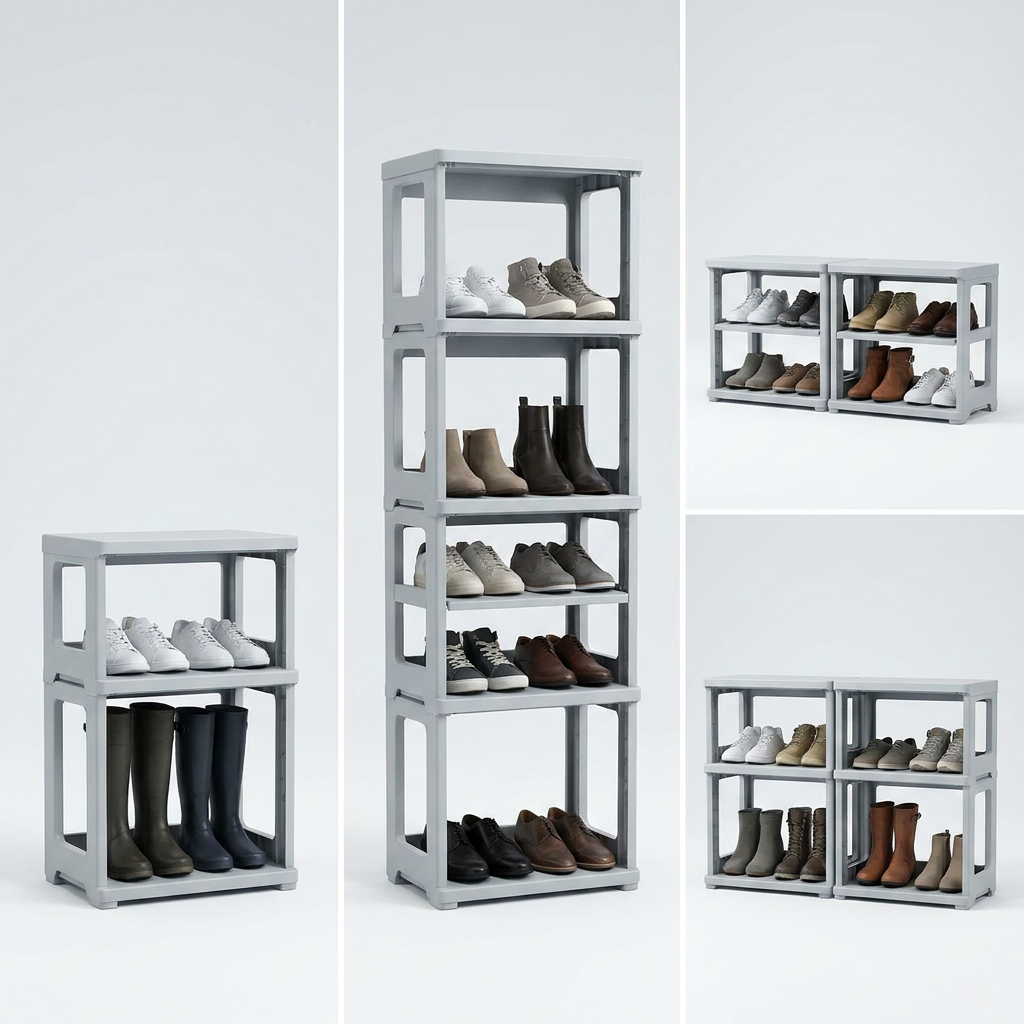 A grid-style product matrix image showing the light grey Rakabot LOCKER shoe rack in three configurations: a 2-tier unit, a tall 4-tier stack, and two 2-tier units placed side-by-side. Each configuration is filled with various shoes and boots against a clean, light grey background.