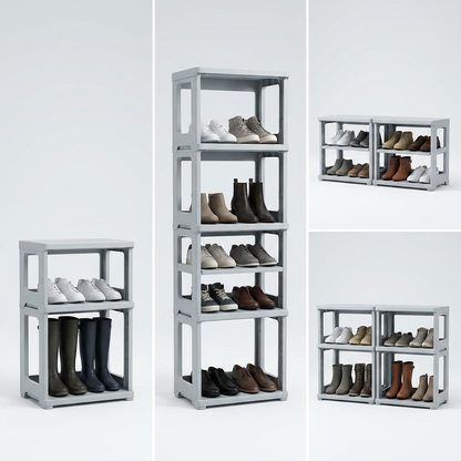 A grid-style product matrix image showing the light grey Rakabot LOCKER shoe rack in three configurations: a 2-tier unit, a tall 4-tier stack, and two 2-tier units placed side-by-side. Each configuration is filled with various shoes and boots against a clean, light grey background.