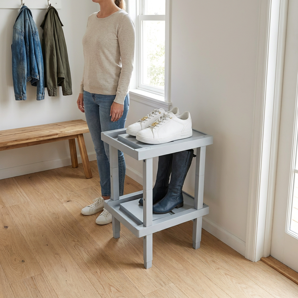 A lifestyle photograph shows the light grey RAKABOT 2-tier locker shoe rack, holding white sneakers and tall boots. It is placed on a wooden floor next to a standing woman in a mudroom, demonstrating the rack's size.