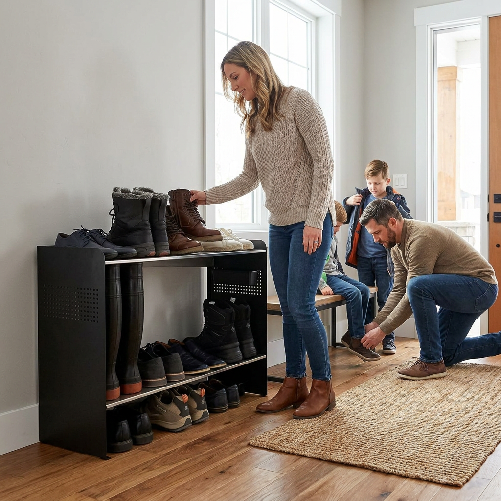 A family in a sunlit modern entryway happily uses the black and stainless steel RAKABOT Signature 2-tier shoe rack, showing it full of shoes and perfectly integrated into their lifestyle.