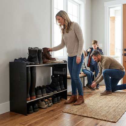 A family in a sunlit modern entryway happily uses the black and stainless steel RAKABOT Signature 2-tier shoe rack, showing it full of shoes and perfectly integrated into their lifestyle.