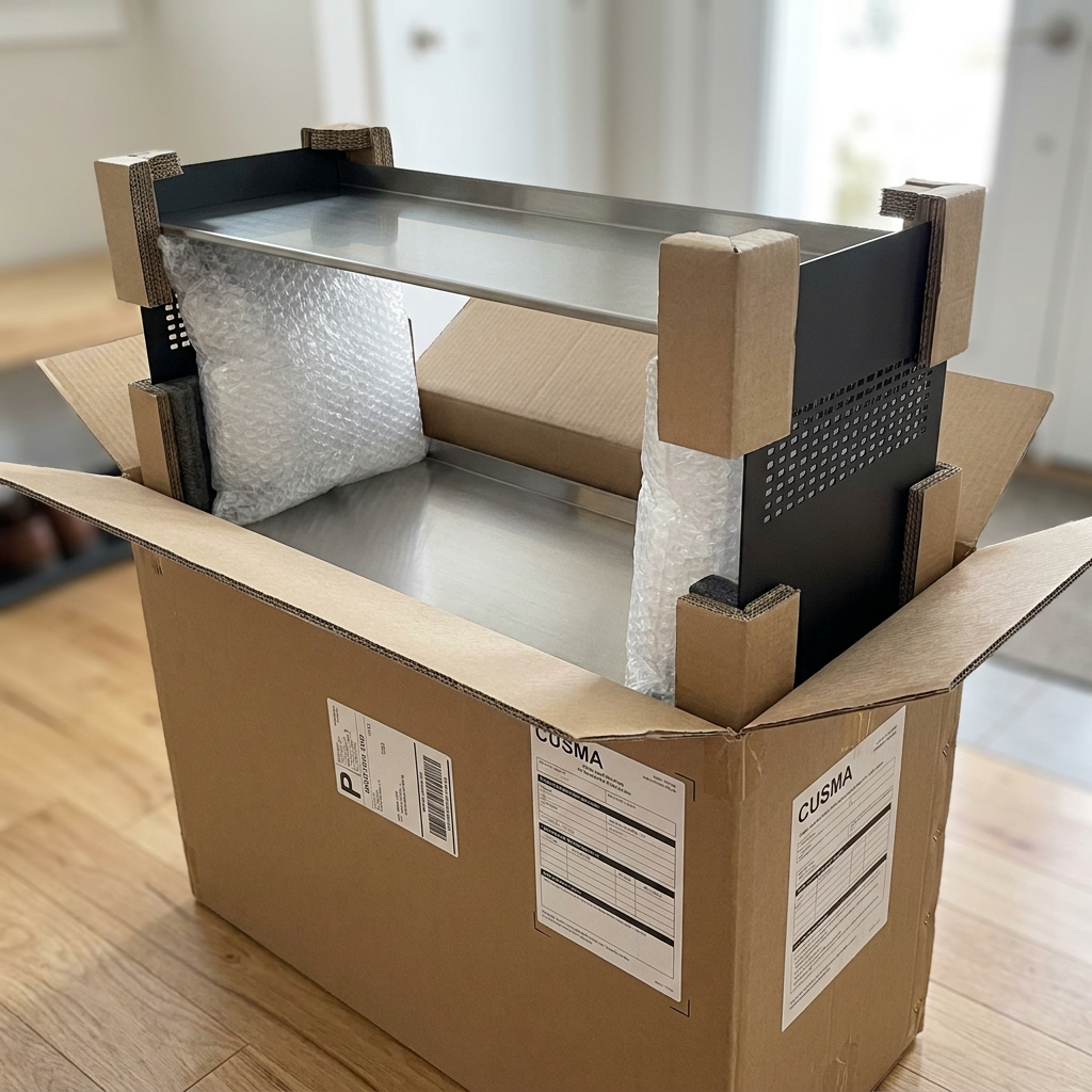 A premium unboxing scene showing the RAKABOT Signature 2-tier shoe rack inside its cardboard box. The matte black side panels and stainless steel shelves are well-protected by custom cardboard corner guards and bubble wrap. Two CUSMA customs forms are visible on the exterior of the shipping box.