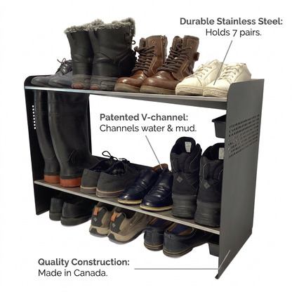 RAKABOT Signature 2-tier shoe rack feature callout: stainless steel shelves, patented V-channel drainage, holds 7 pairs, made in Canada.