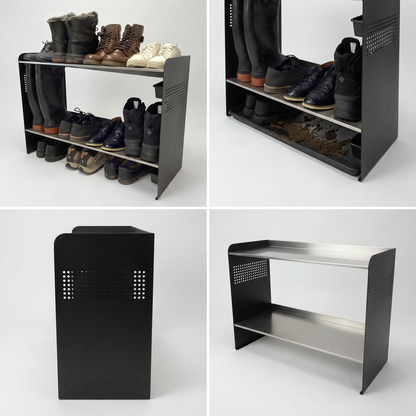 Four-panel grid showing the Rakabot Signature 2-tier shoe rack. Top left: full view with shoes. Top right: close-up of mud tray. Bottom left: side profile of black panel. Bottom right: empty rack showing steel shelves.