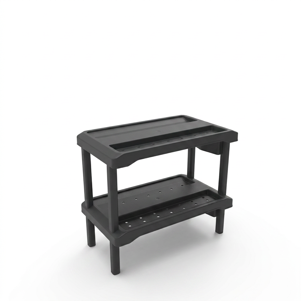 A pure, high-resolution hero shot of the dark grey anthracite Rakabot Plastico 2-tier shoe rack on a white background, showing its sturdy, easy-to-clean plastic design.