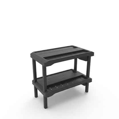 A pure, high-resolution hero shot of the dark grey anthracite Rakabot Plastico 2-tier shoe rack on a white background, showing its sturdy, easy-to-clean plastic design.
