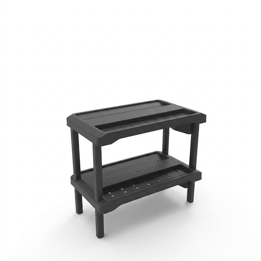 A pure, high-resolution hero shot of the dark grey anthracite Rakabot Plastico 2-tier shoe rack on a white background, showing its sturdy, easy-to-clean plastic design.