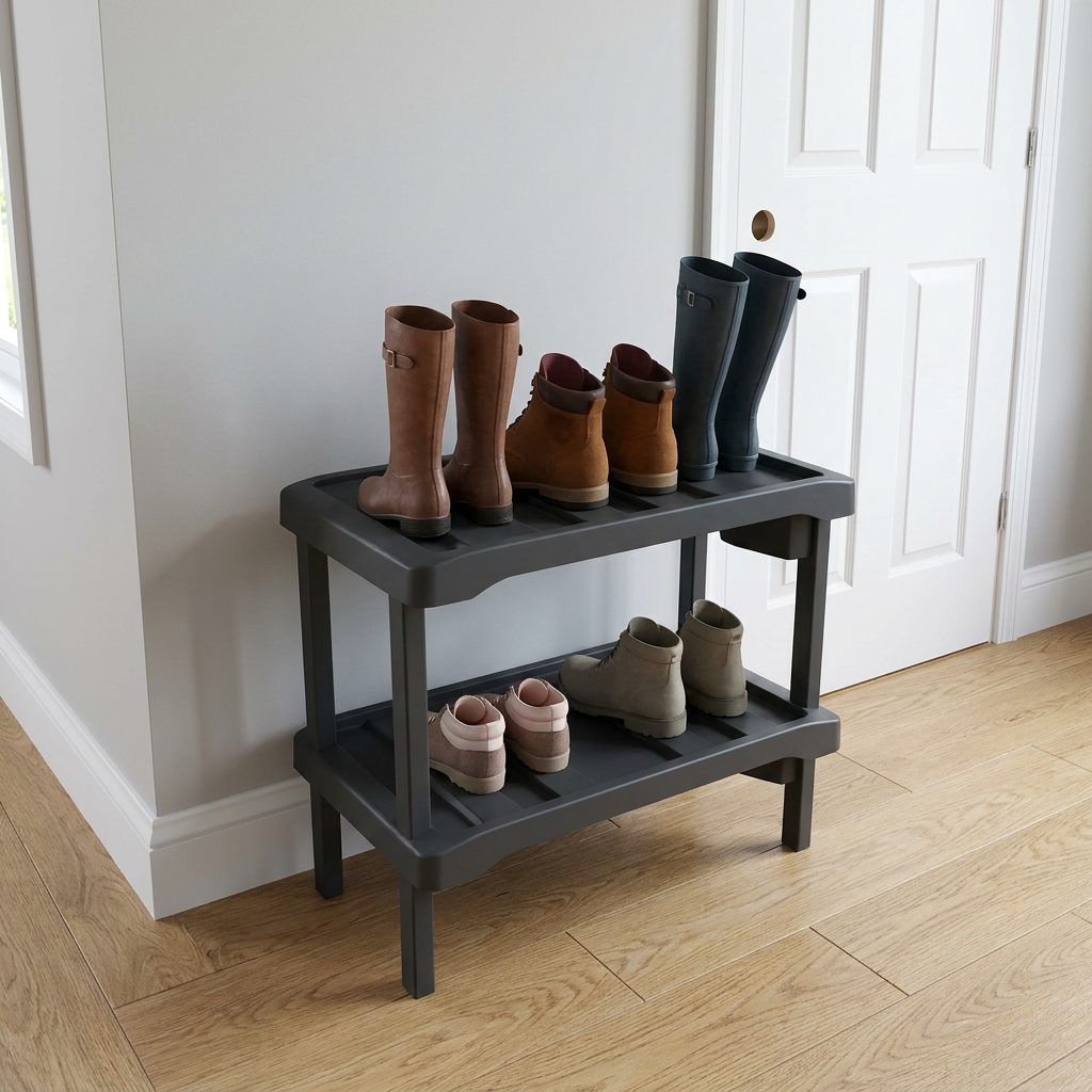 Rakabot Plastico 2-tier dark grey boot rack, filled with tall and short boots, placed in an entryway next to a white door for size comparison.
