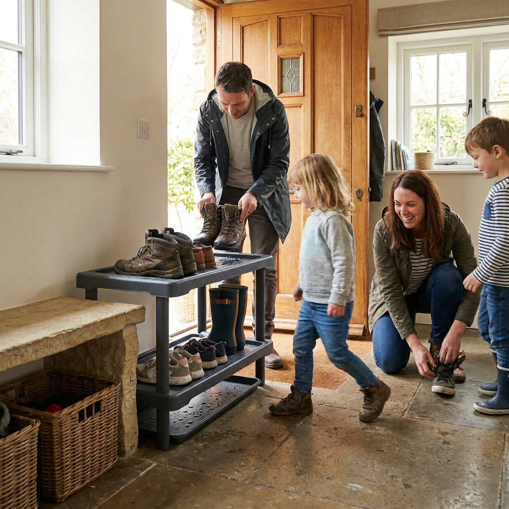 A family of four uses the RAKABOT Plastico 2-tier shoe rack for their muddy boots in a sunlit home entryway.