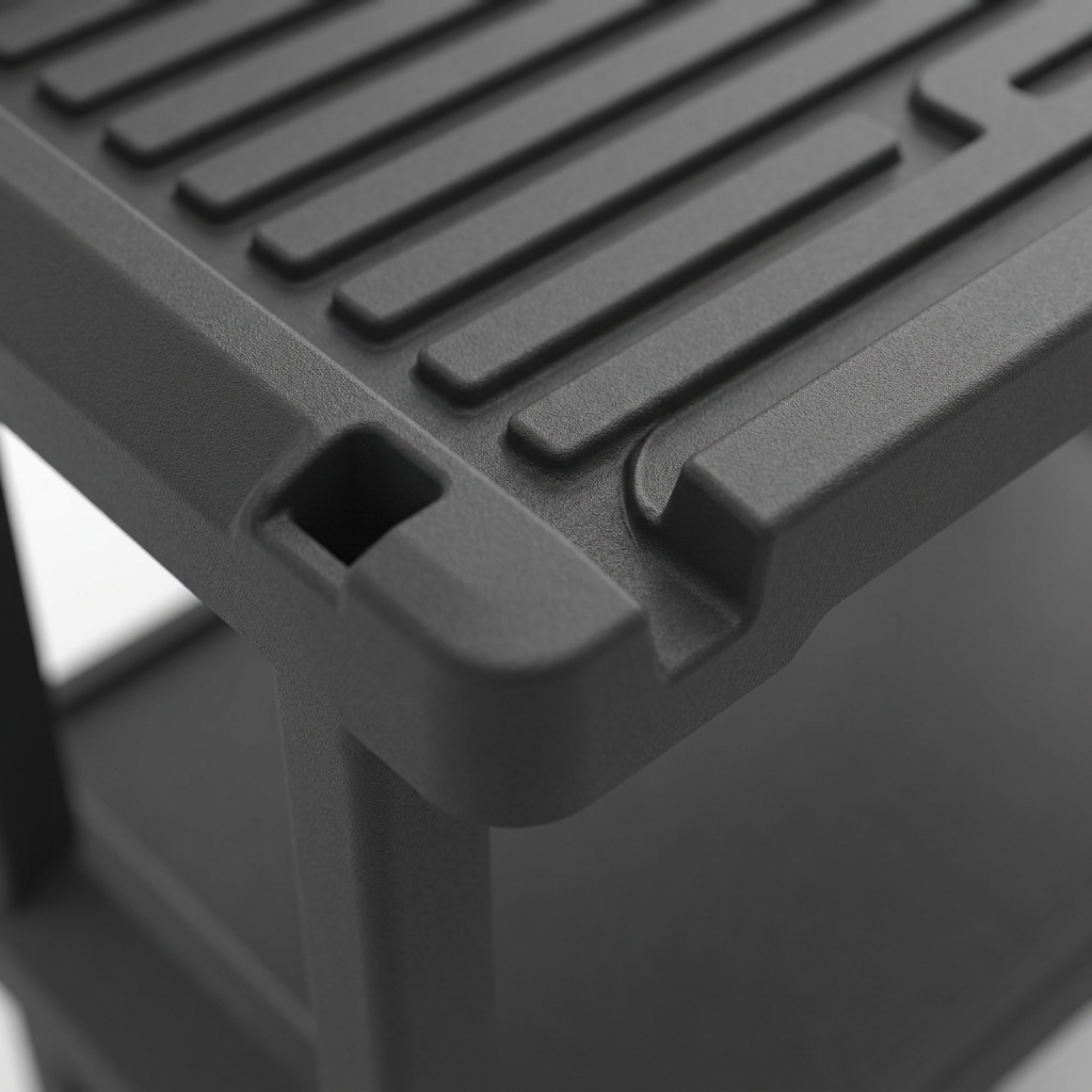 A close-up detail shot of the Rakabot plastic boot rack, focusing on the textured grooves for water drainage and the sturdy corner connection point.