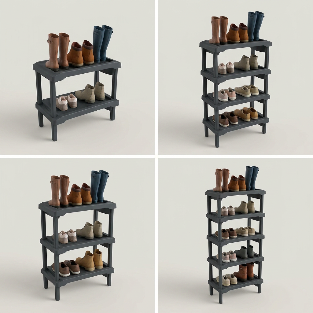 A four-panel visual matrix showing the dark grey Rakabot Plastico boot rack in 2-tier, 3-tier, 4-tier, and 6-tier stacked configurations on a neutral background.