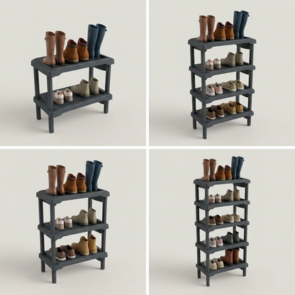 A four-panel visual matrix showing the dark grey Rakabot Plastico boot rack in 2-tier, 3-tier, 4-tier, and 6-tier stacked configurations on a neutral background.