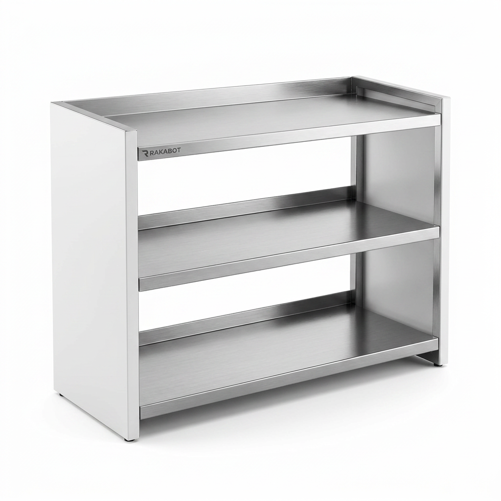 High-resolution hero image of the RAKABOT Titan 2-tier stainless steel shoe rack with white side panels, centered on a white background.