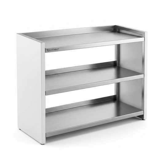 High-resolution hero image of the RAKABOT Titan 2-tier stainless steel shoe rack with white side panels, centered on a white background.