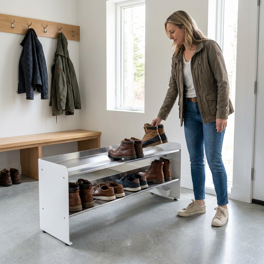 A woman stands in a modern mudroom, placing boots on the Rakabot Titan shoe and boot rack, providing a clear sense of its scale and capacity. The white and stainless steel rack is filled with various footwear.