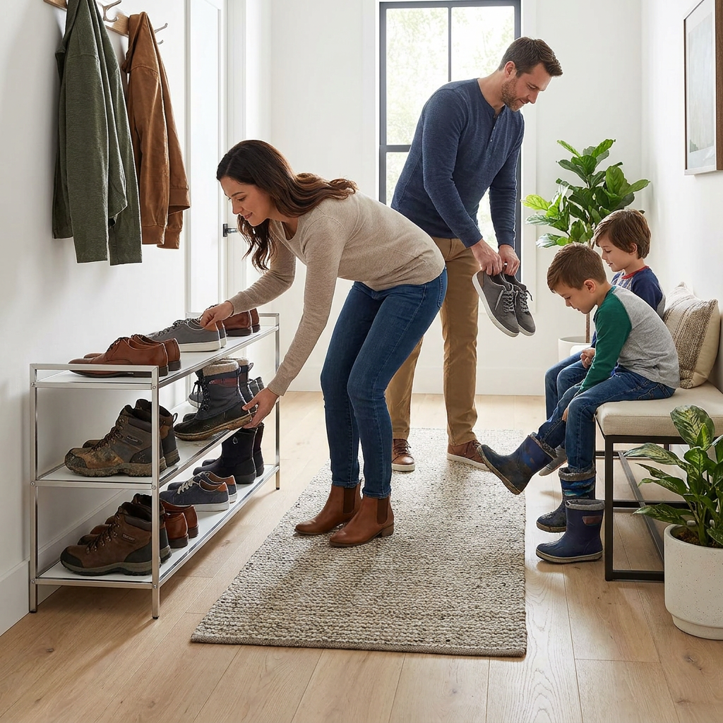 A family of four uses the RAKABOT commercial shoe rack in a bright entryway, placing muddy boots and shoes on the three-tier stainless steel and white shelf unit that holds up to 10 pairs of footwear.