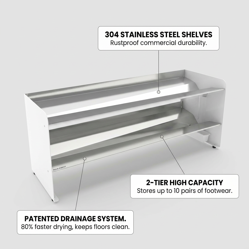 RAKABOT Titan 2-tier stainless steel shoe rack feature callout graphic, highlighting 304 stainless steel shelves for rustproof durability, the patented drainage system for 80% faster drying, and the 10-pair high capacity.