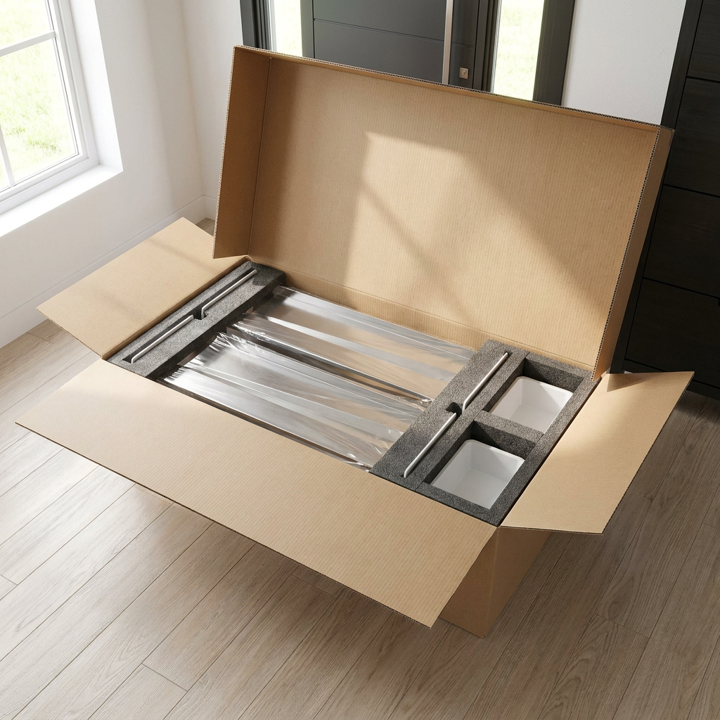A top-down view of an open cardboard shipping box on a wood floor, showing the RAKABOT Titan shoe rack securely packed with custom foam inserts and protective plastic wrap.