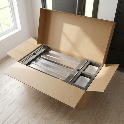 A top-down view of an open cardboard shipping box on a wood floor, showing the RAKABOT Titan shoe rack securely packed with custom foam inserts and protective plastic wrap.