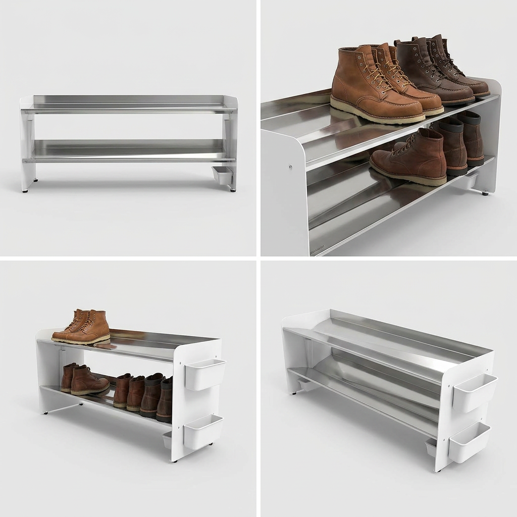 A 2x2 grid of photographs showing the Rakabot Titan stainless steel and white panel shoe rack from different angles. Top left: empty rack from the front. Top right: close-up with boots. Bottom left: side view with boots and containers. Bottom right: empty rack from a high angle.