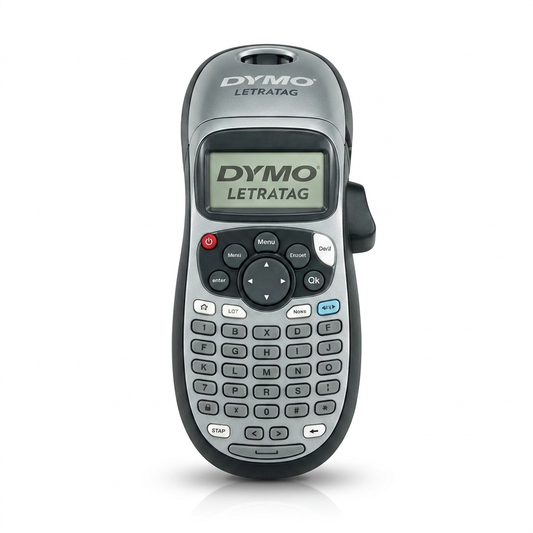 DYMO LetraTag 100H Plus Handheld Label Maker in grey and black, shown on a clean white background.