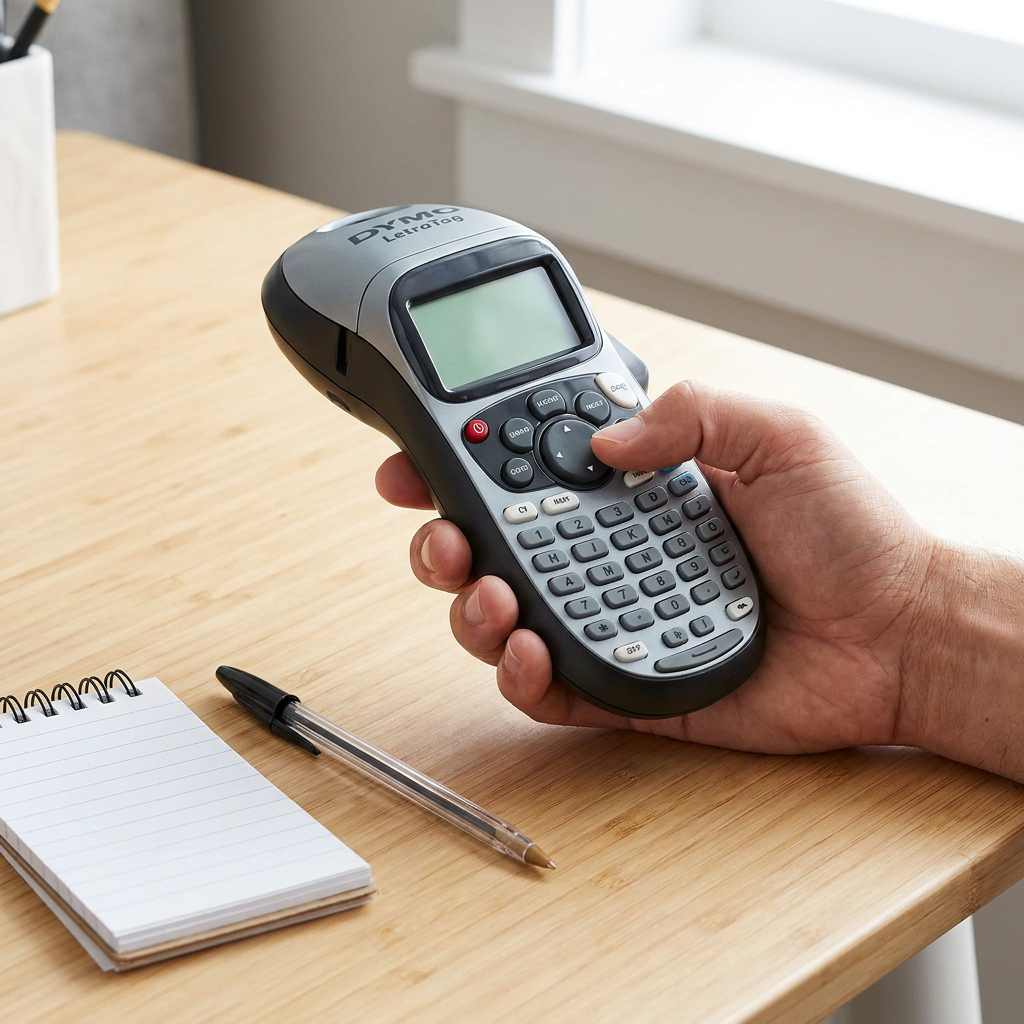 A person's hand holds the grey and black DYMO LetraTag 100H Plus label maker, demonstrating its handheld size against a notebook and pen on a desk.