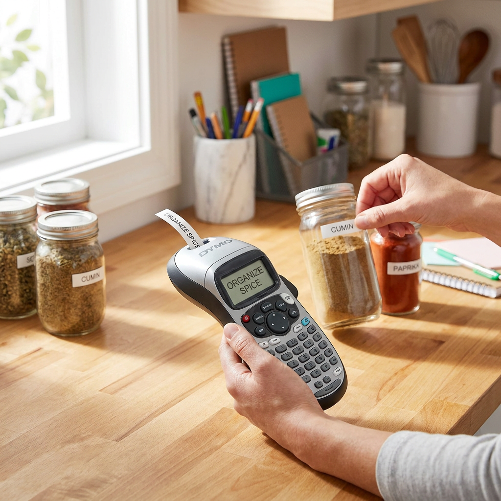 A person uses a DYMO LetraTag 100H+ label maker to create and apply labels to spice jars in a bright, sunlit kitchen.